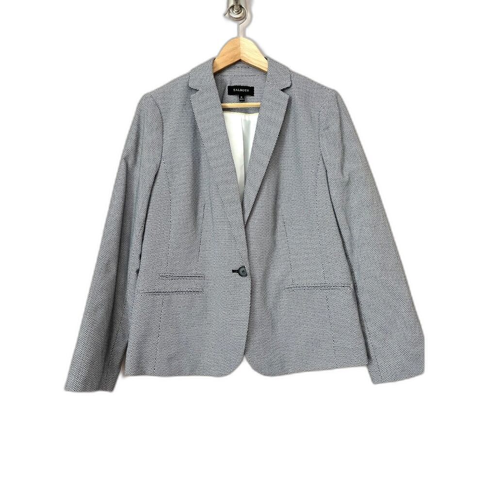 Talbots Geometric Print Cotton Single Button Gray Blazer Jacket Sz 10 Career